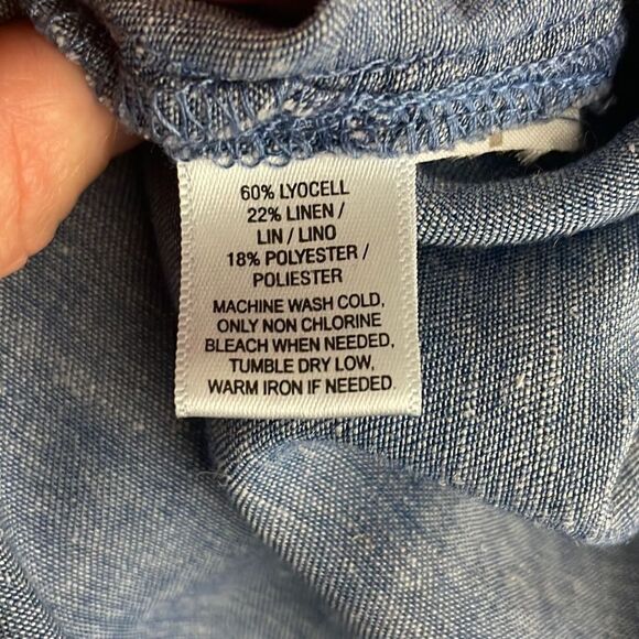 LOFT The Softened Blue Linen Blend Chambray Button Down Shirt sz M Petite - Picture 6 of 11